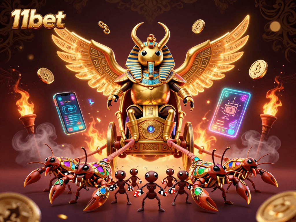 Experience thrilling 11bet adventures with a golden scarab beetle leading the way in an epic casino scene.