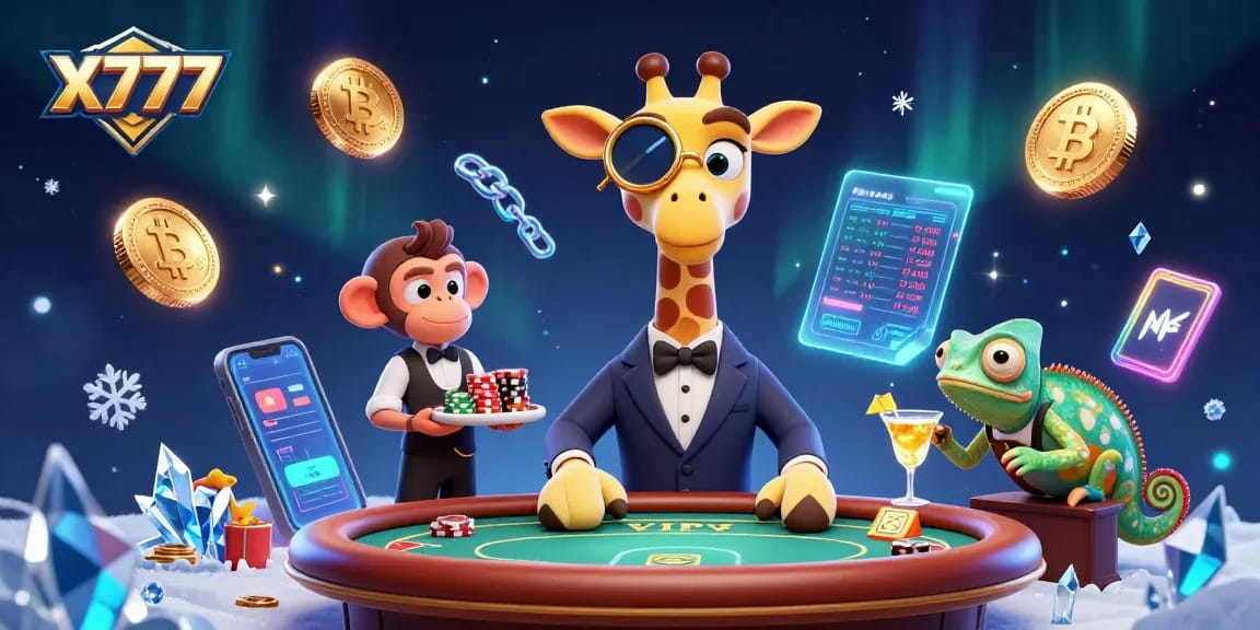X777 transforms gaming with a vibrant 3D illustration of a high-roller giraffe at a poker table amidst neon crypto elements.