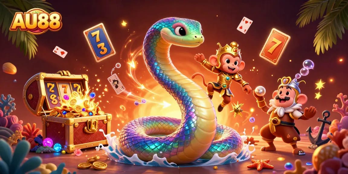Win big with AU88's vibrant online casino adventure, showcasing playful characters and dynamic game elements.