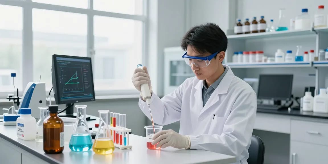 Ozon Chemical lab technician conducting quality experiments with chemical reagents.
