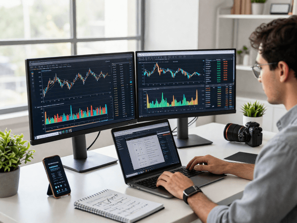 Financial analyst in modern workspace analyzing trang chủ debet trends with dual monitors and charts