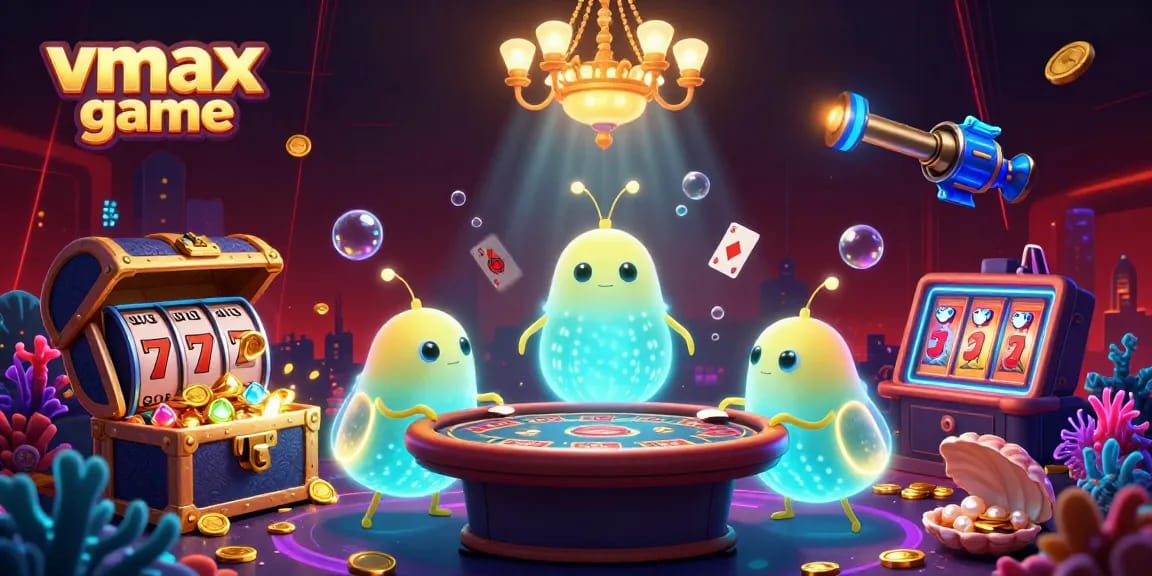 Experience vmax game in a vivid 3D casino setting with glowing characters and dynamic game elements.