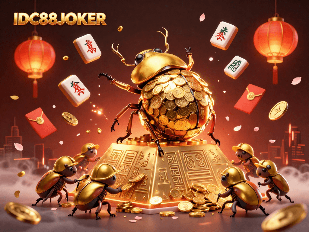 Engage with IDC88JOKER's magical casino experience featuring a golden beetle amidst casino symbols.