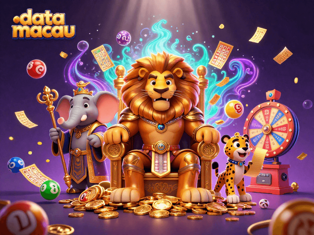 Engage with data macau predictions and lottery results, featuring vibrant elements like balls and tickets.