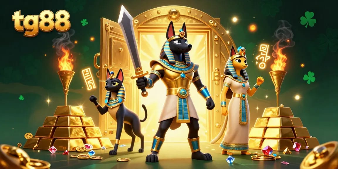 Spin and win in the tg88 casino scene, showcasing Anubis and Bastet surrounded by gold treasures.