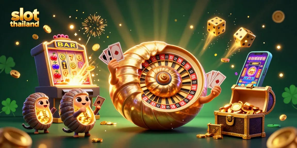Mengatur hadiah jackpot dalam slot thailand dengan nautilus raksasa dan mesin slot yang mengeluarkan koin berkilau.