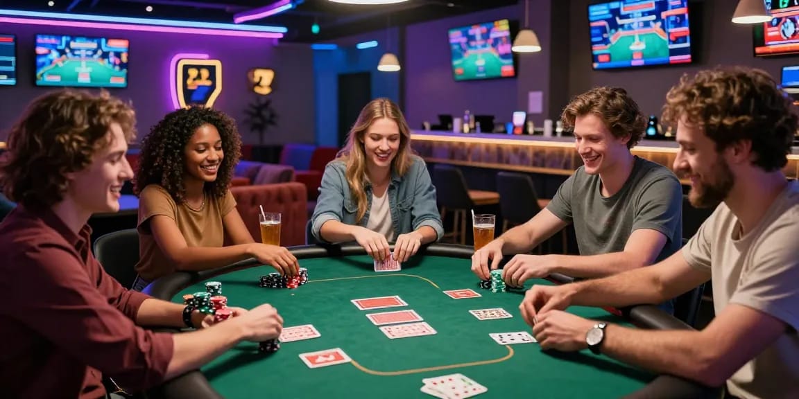 Friends enjoying a lively game night at an iwin online gaming lounge with colorful poker chips and neon lights.