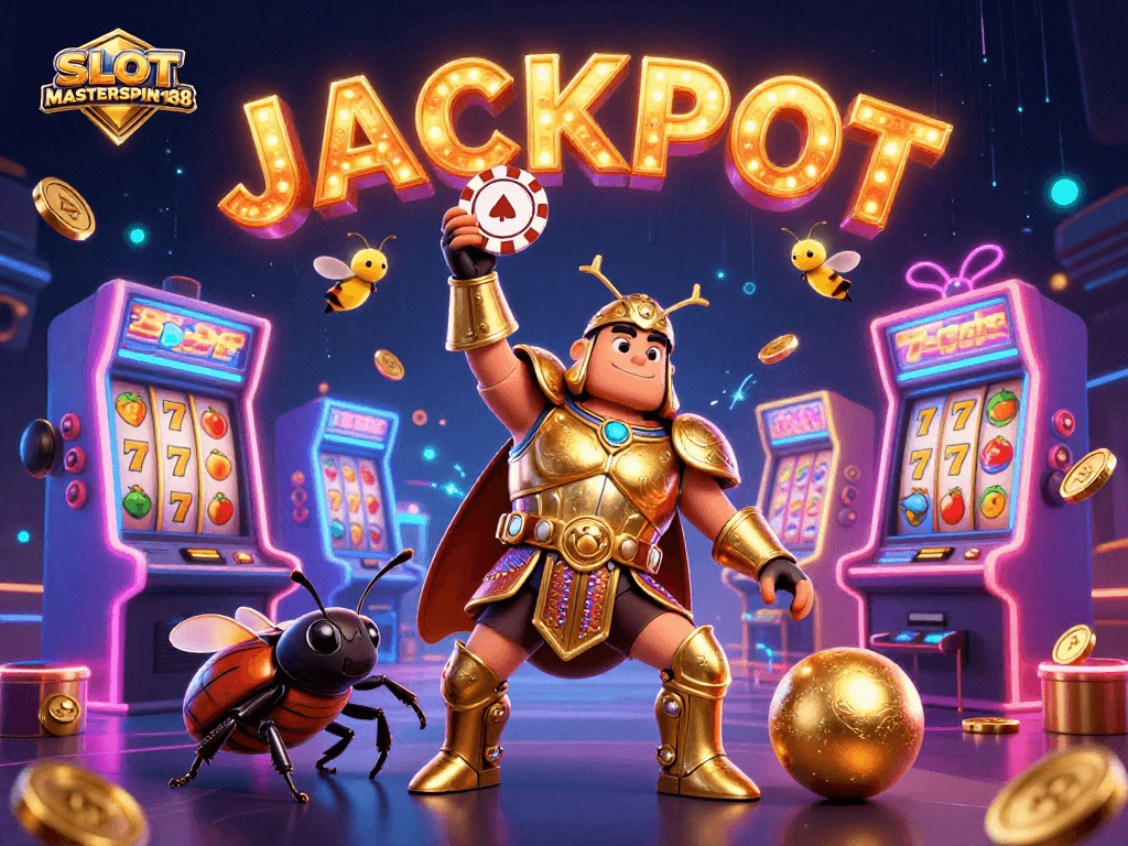 SLOT MASTERSPIN188 showcases a dynamic casino scene with cartoon beetles celebrating jackpots amidst colorful slot game elements.