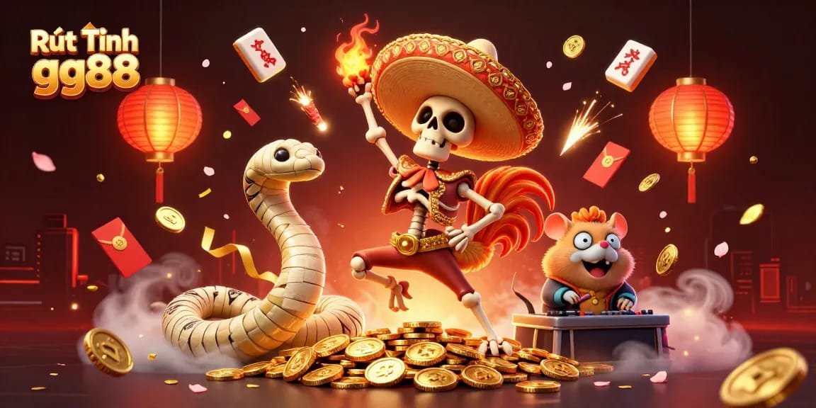 Gain insights into Rút Tiền gg88 with a vibrant 3D illustration of a mariachis rooster celebrating among casino elements.