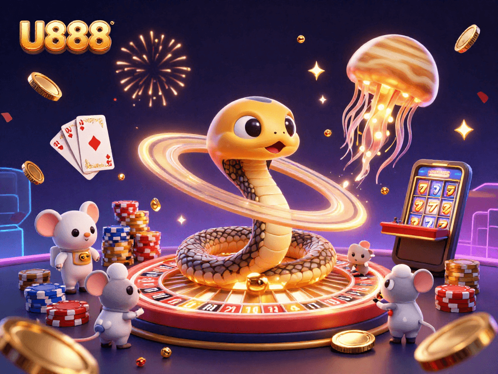 Experience thrilling gameplay and cosmic excitement with U888's whimsical casino adventure illustration.