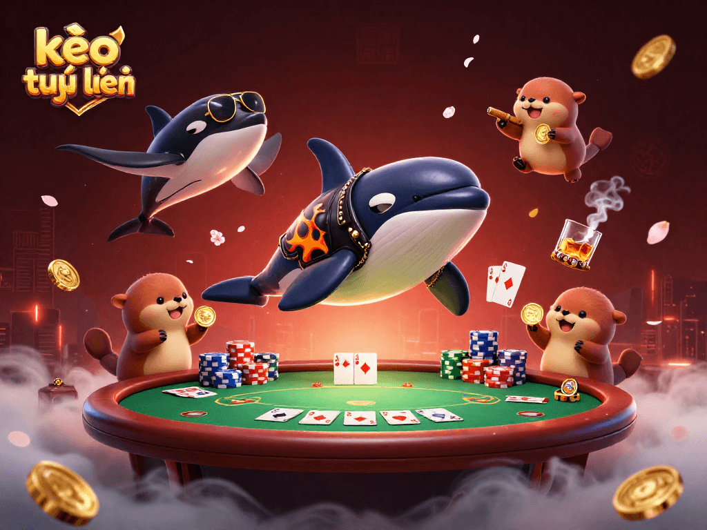 Bet on kèo trực tuyến with a dynamic illustration of cartoon characters engaging in a vibrant casino scene.