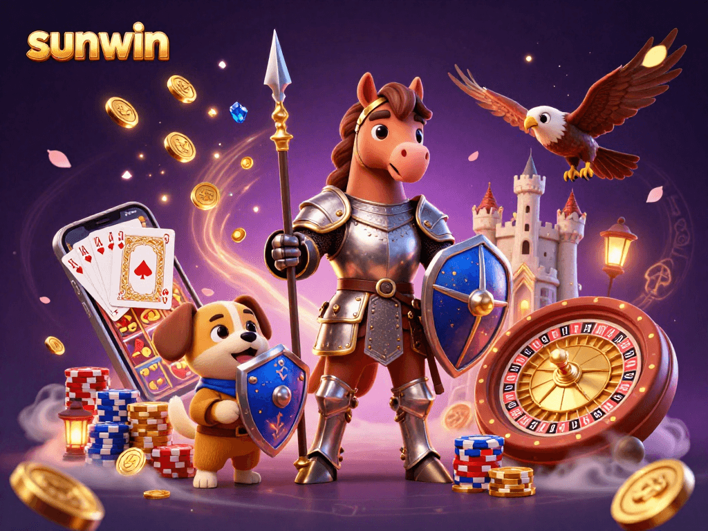 Sunwin's exciting slot machine reels spin amid a dynamic casino scene with vibrant characters.