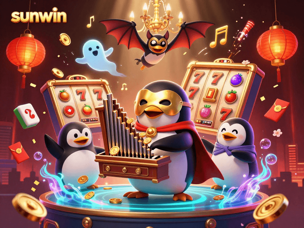 Celebrate wins with sunwin in this dynamic casino scene featuring vibrant slot elements.