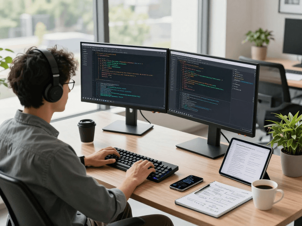 Developer coding on net88 platform in modern tech workspace.