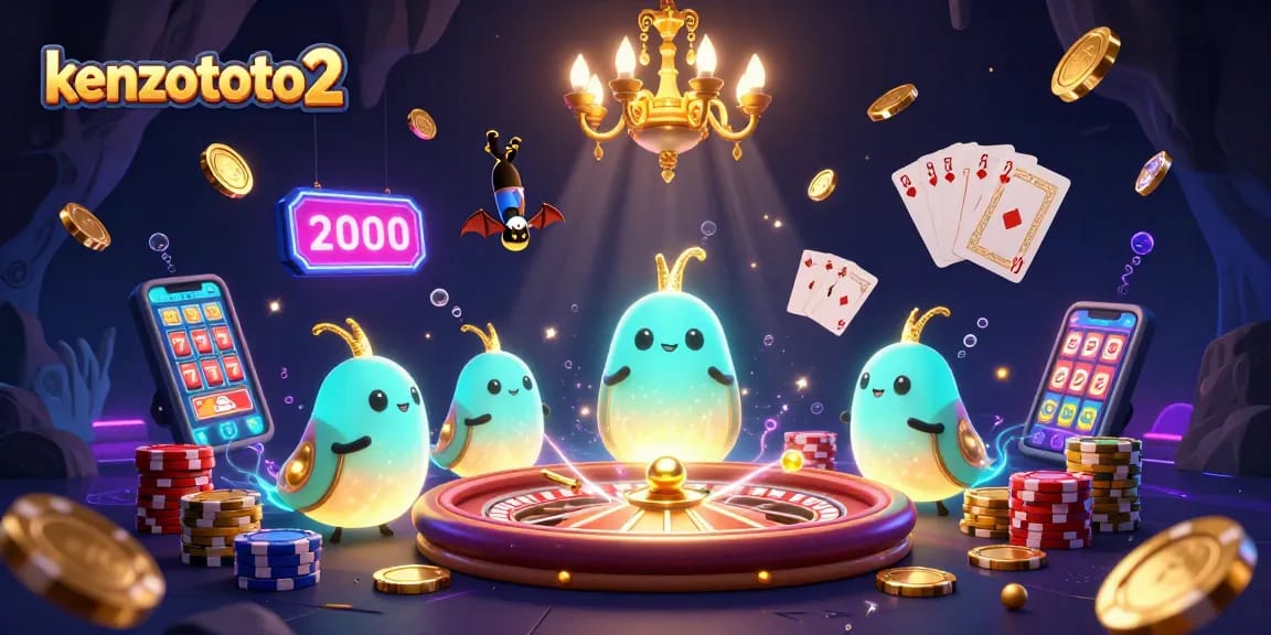 Menyaksikan permainan seru di kenzototo2 dengan dealer kelelawar, permainan slot, dan koin emas yang berkilauan.