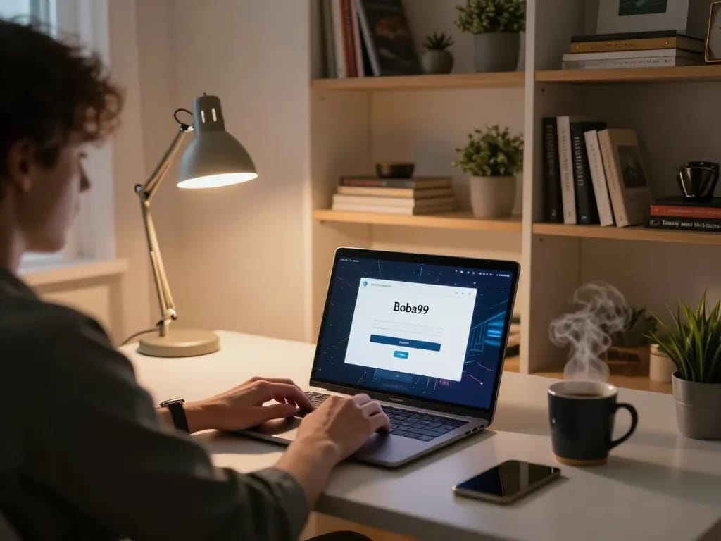 Antarmuka Login Boba99 ditampilkan di laptop dalam pengaturan perjudian rumah yang nyaman dengan pencahayaan hangat dan suasana yang fokus