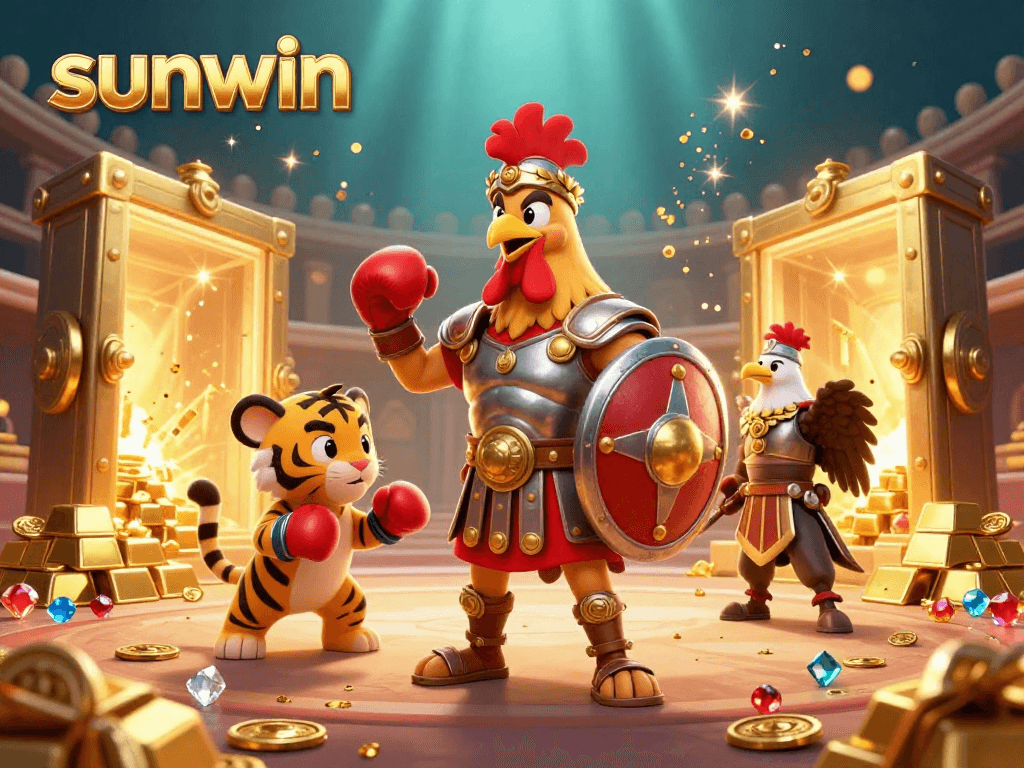 Experience the thrill of winning with sunwin in this vibrant 3D casino scene featuring colorful characters and treasures.