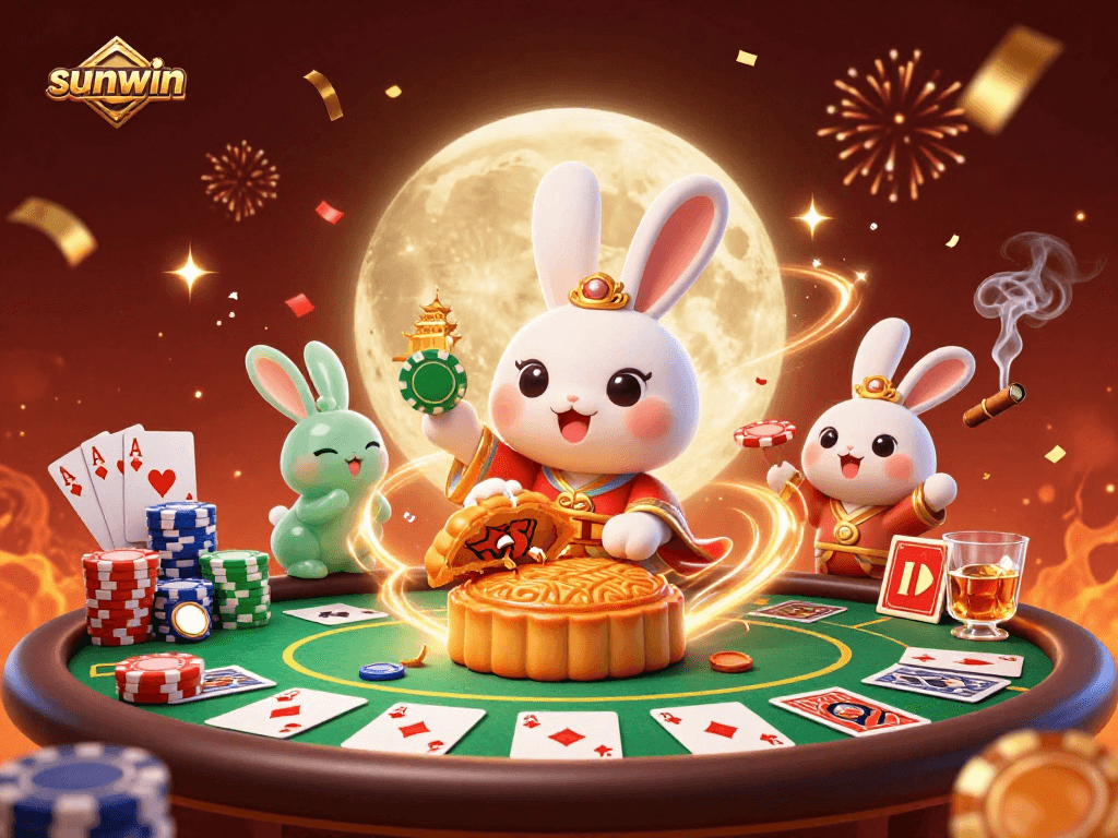 Win big with sunwin's thrilling moon rabbit casino scene, featuring poker chips and more.
