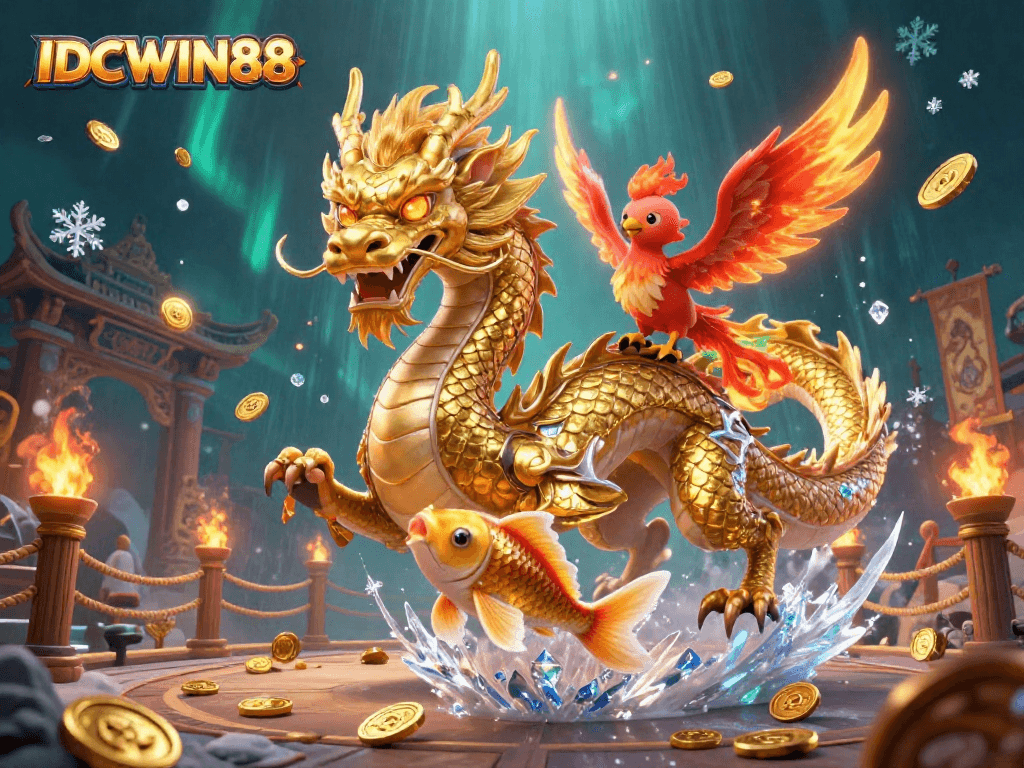 Experience the thrill at IDCWIN88 with a dragon, phoenix, and koi fish amidst vibrant casino elements.