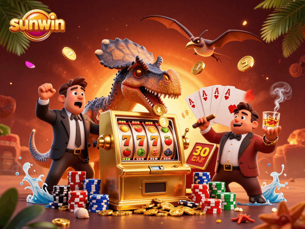 sunwin slot machine jackpot scene with dinosaurs and casino elements collecting coins