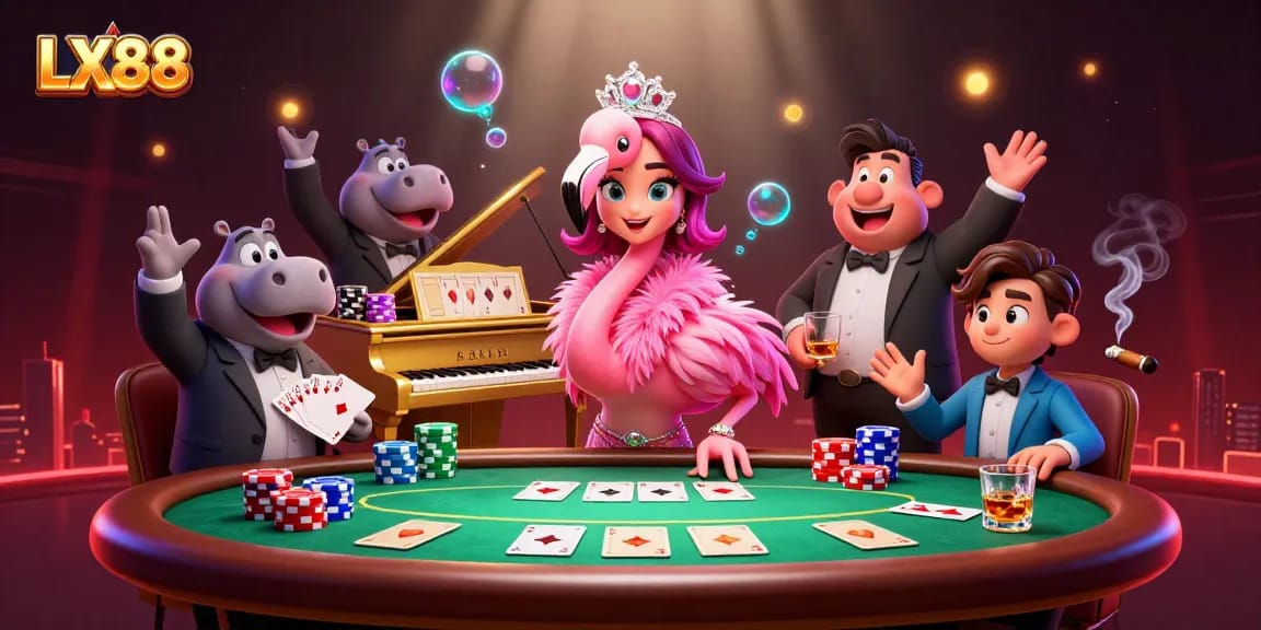 Experience thrilling moments at LX88 with a flamingo singer and hippo bassist, surrounded by poker excitement.