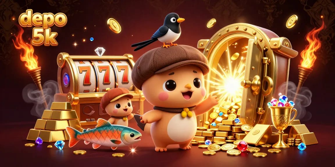Engage with depo 5k offers in a vibrant casino scene featuring baby Nessie and gold treasures.