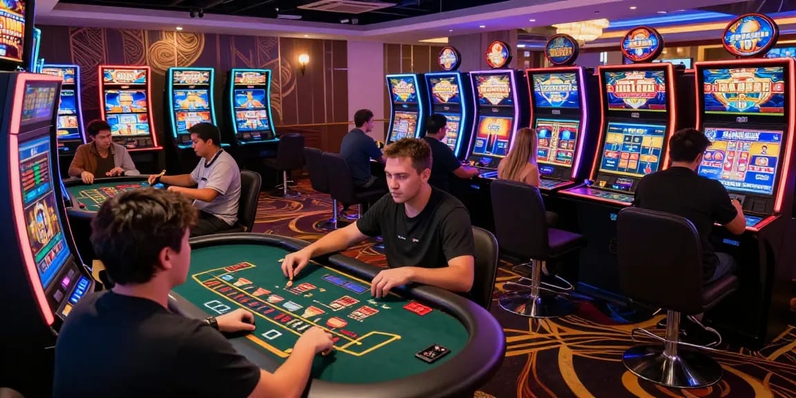 Scena coinvolgente di giocatori in un vivace casino digitale non AAMS, con giochi interattivi e tecnologia di gioco moderna.