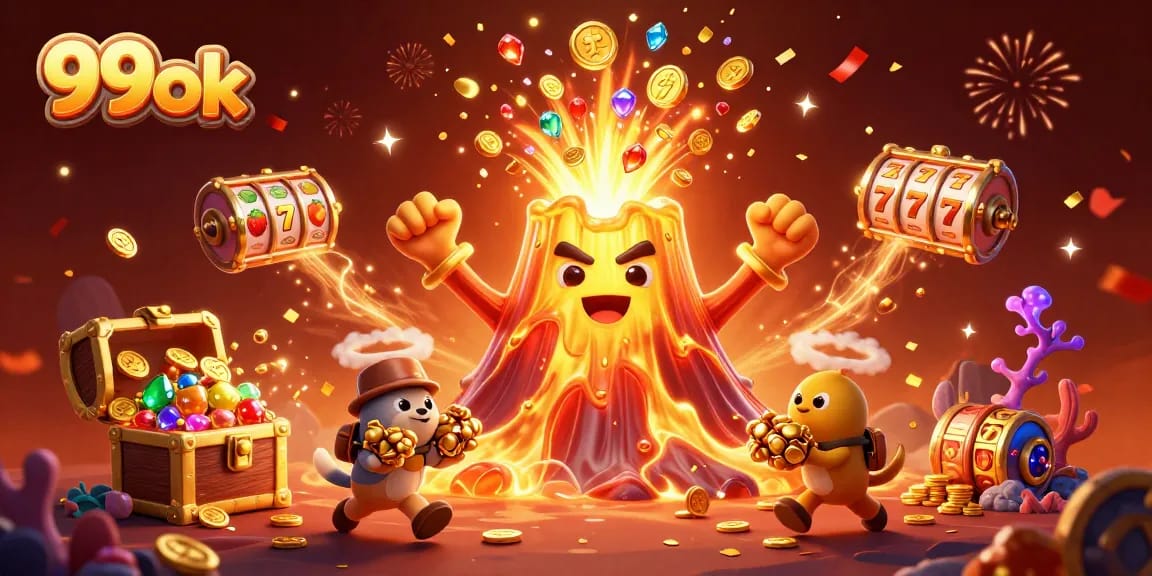 Unleash excitement with 99ok as a golden volcano erupts treasures in a lively casino scene