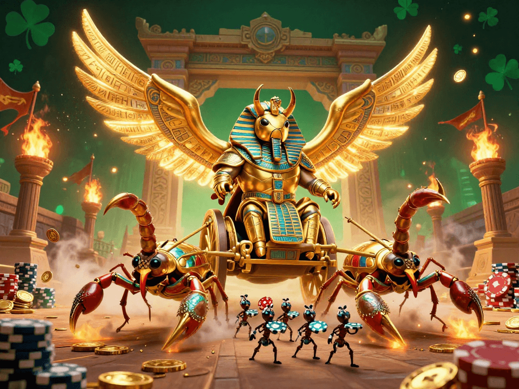 Experience thrilling action with sunwin as a golden scarab beetle leads a casino adventure in a vibrant arena.