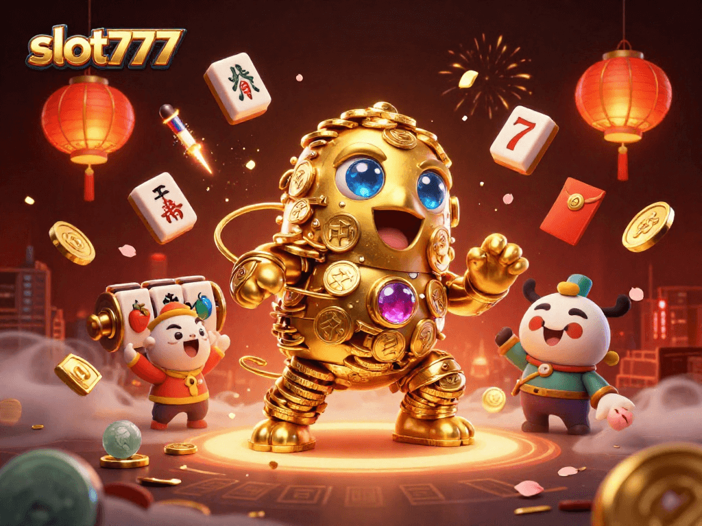 Play slot777 and engage with the golden golem amidst a rich casino atmosphere filled with vibrant elements.