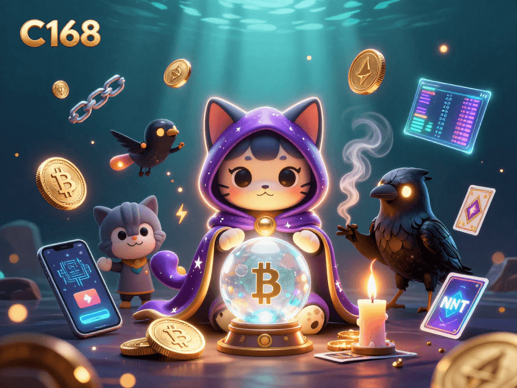 C168 gamblers enjoying a mystical gaming experience with vibrant coins and dynamic game elements.