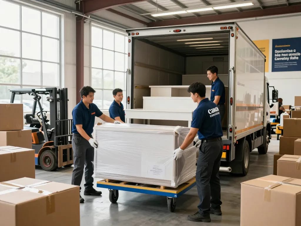 Professionelle Umzugshelfer laden einen Truck für Umzugsunternehmen Hannover, der zuverlässige Umzugsdienste präsentiert.