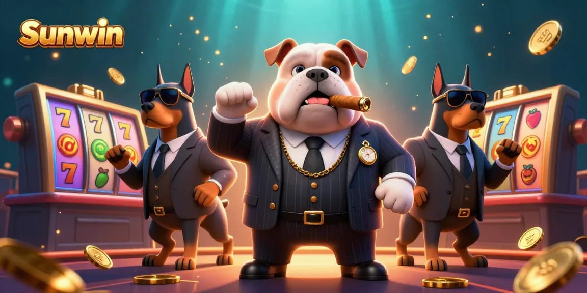 Sunwin showcases a lively casino scene with a mafia boss bulldog and his Doberman guards, engaging players with slot reels.