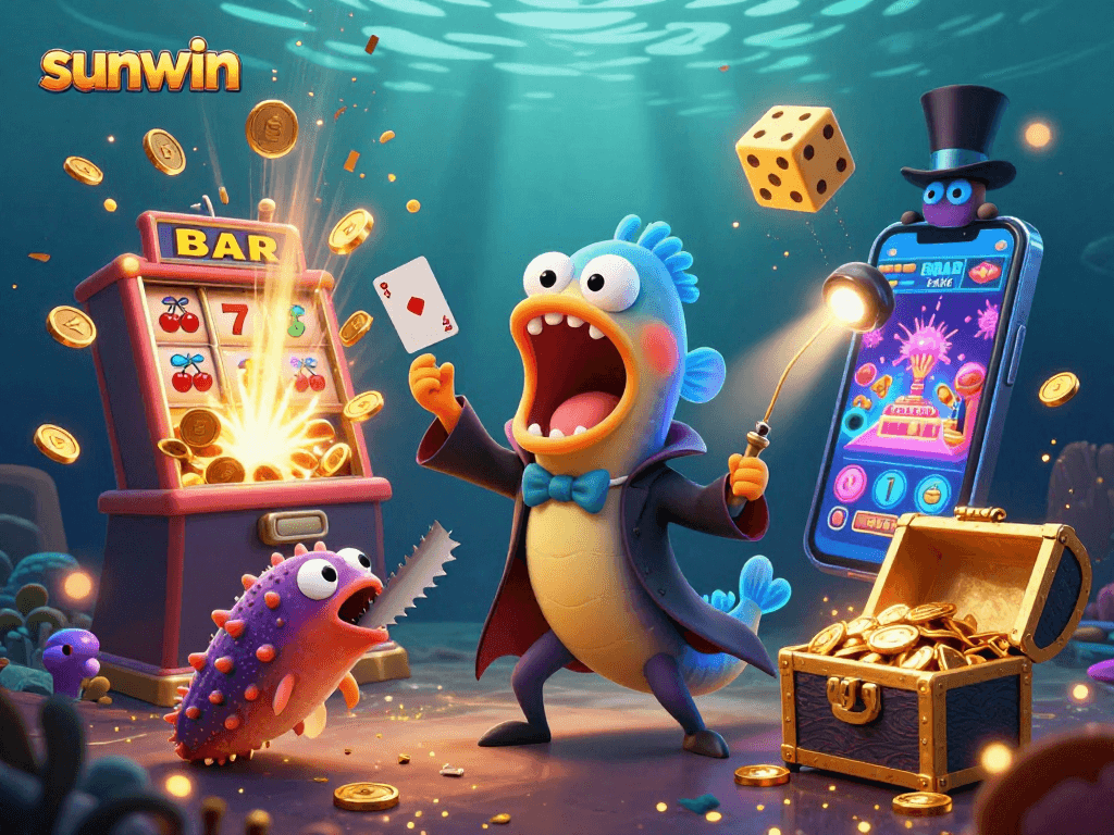 Engaging scene of sunwin's magical casino experience with vibrant characters and jackpot excitement.