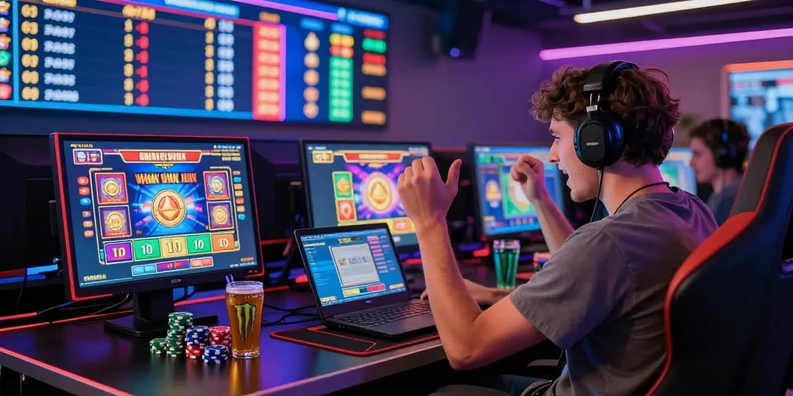 Exciting scene of online gaming with a focus on slot deposit 1000 wins and vibrant digital interfaces.