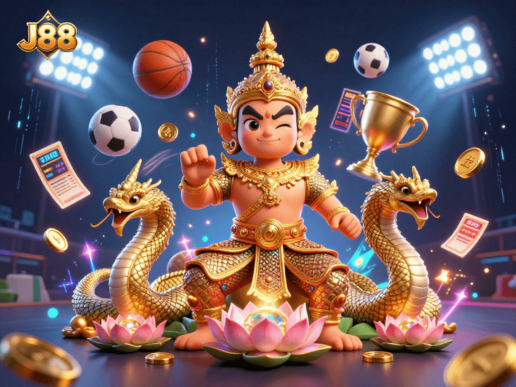 Experience thrilling action at J88 with a vibrant casino scene featuring guardians and sports elements.