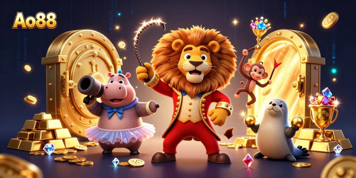 Experience the thrill of Ao88's casino world with dynamic characters and riches in this vibrant 3D illustration.