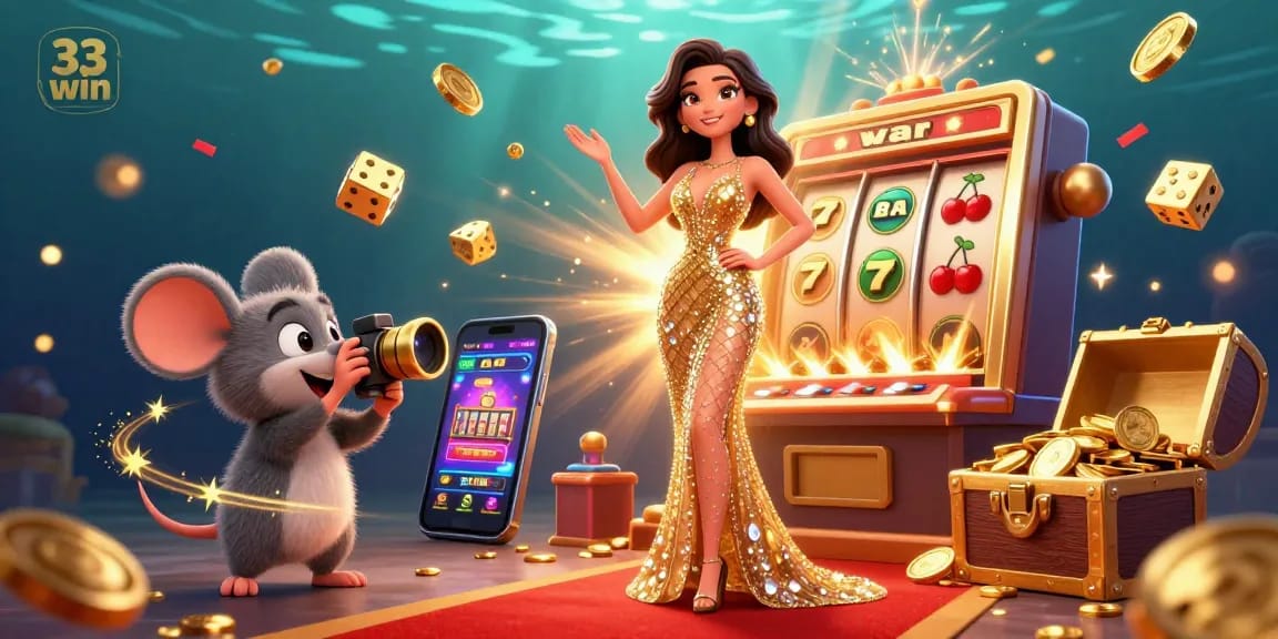 Win big at 33 win with a dynamic casino scene featuring stunning characters, slot machines, and golden coins.