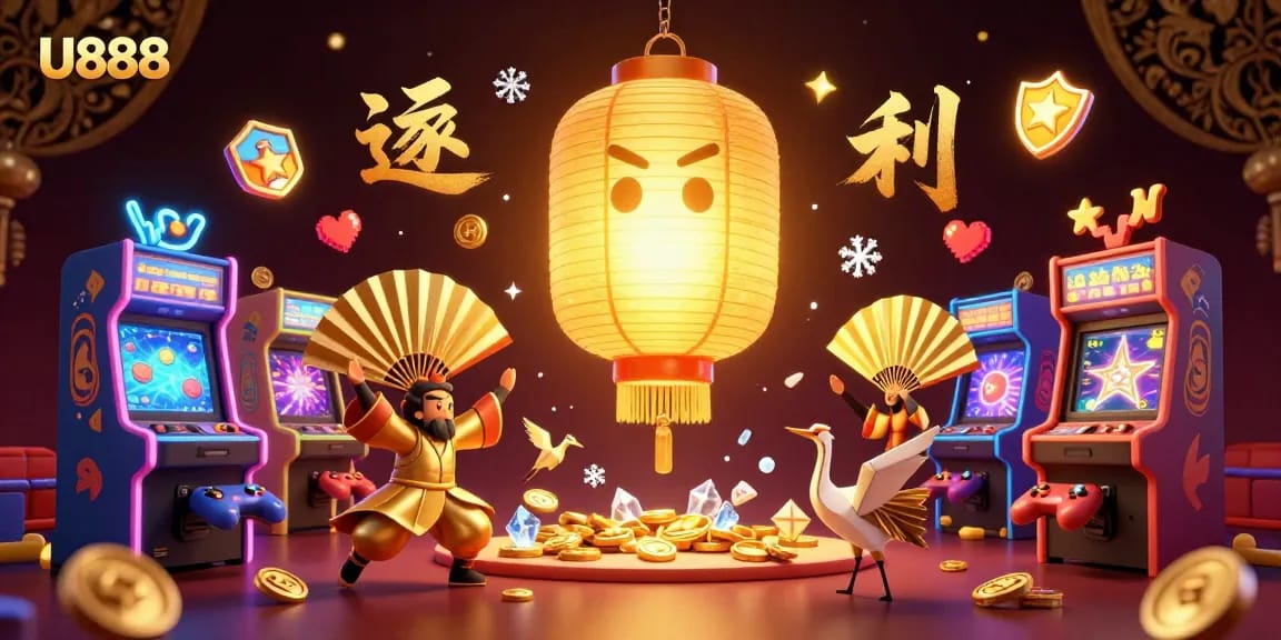 Experience vibrant gaming fun with U888’s captivating casino scene featuring golden lantern spirits.