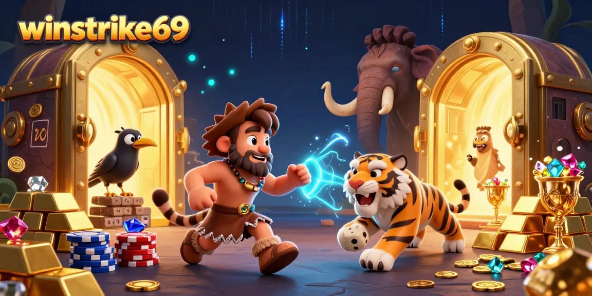 Join the prehistoric fun at winstrike69 with a caveman and sabertooth tiger in a vibrant casino scene!