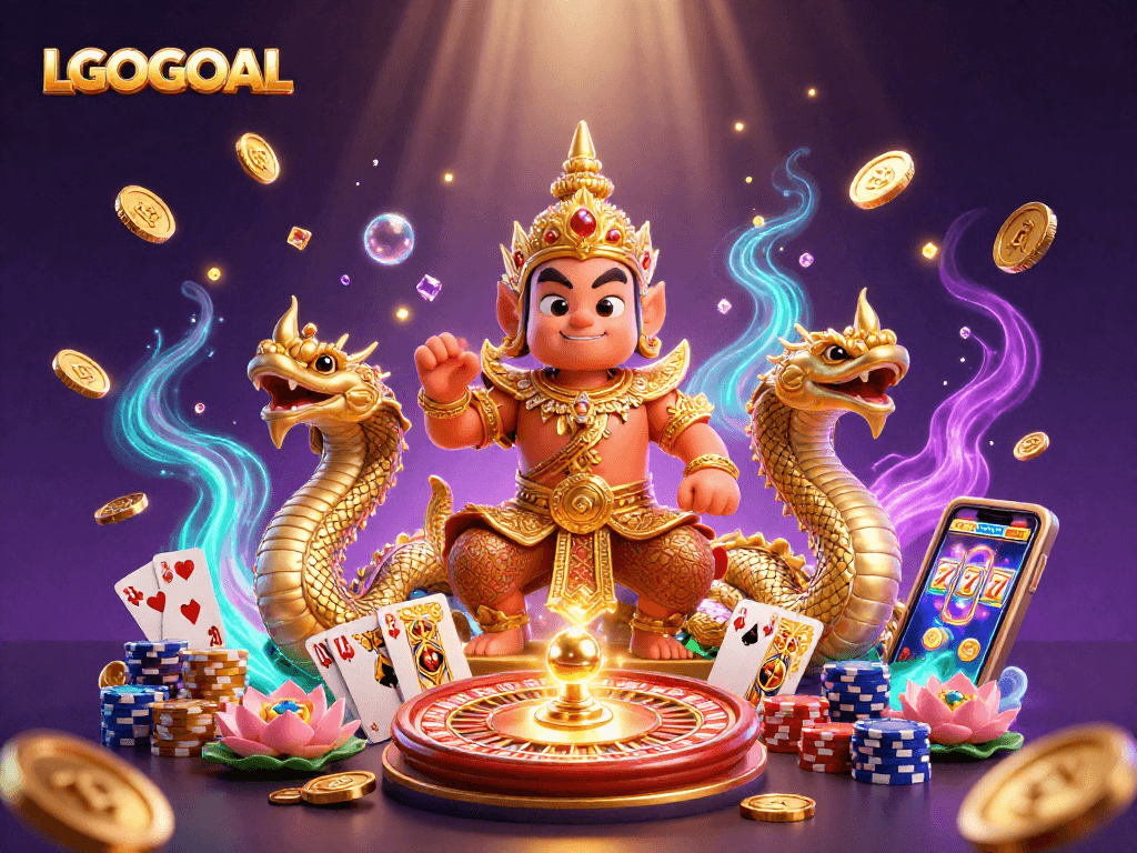 Engage with LGOGOAL's thrilling gaming experience amidst cascading coins and vibrant casino elements.
