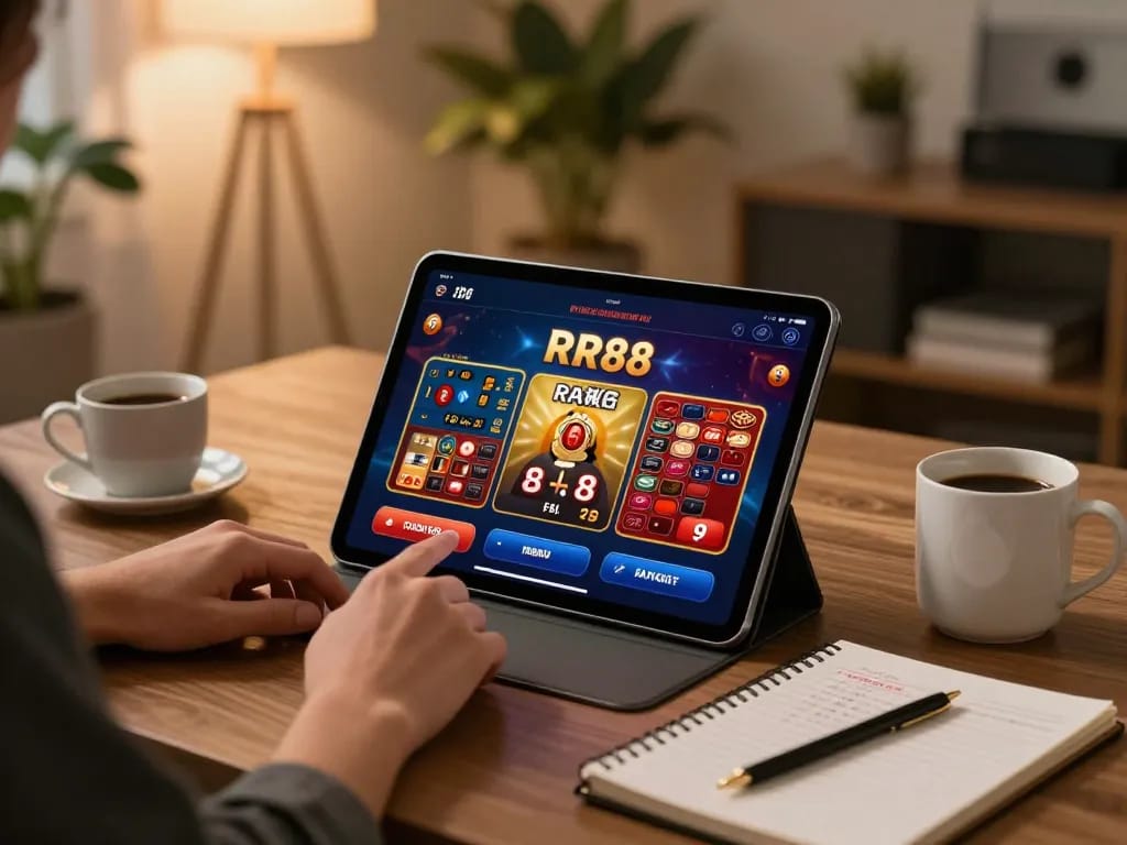 Player engaging with the RR88 casino app, analyzing strategies in a cozy home setting.