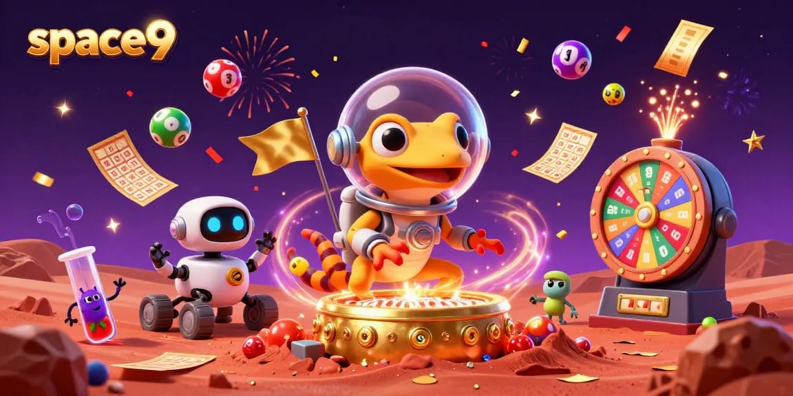 Experience space9 with a Martian gecko discovering a golden casino under Mars sand, surrounded by festive gaming elements.