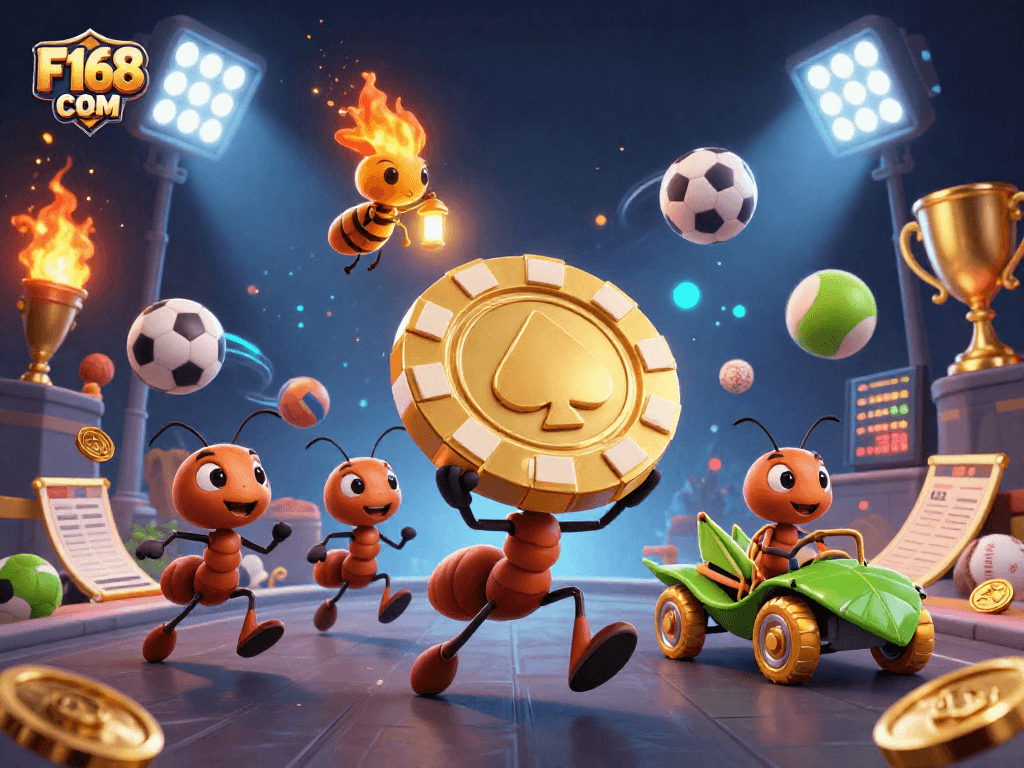 Engage in thrilling action with F168 COM as animated ants carry a massive poker chip in a colorful casino adventure.