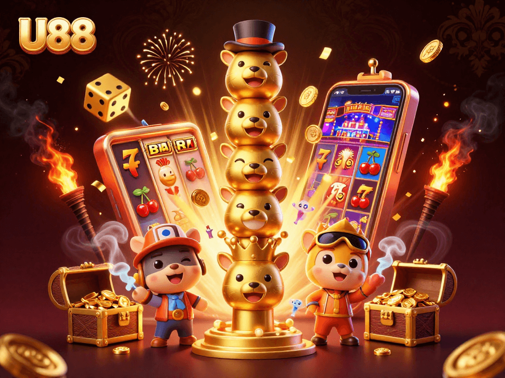 Experience U88 casino thrills with a vibrant illustration of dynamic game elements and winning symbols.