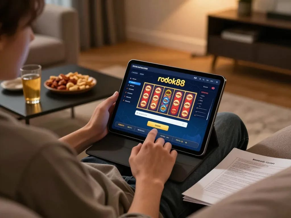 Scene menarik seorang pemain menggunakan login slot rokok88 di tablet dalam setting rumah yang nyaman, menyoroti praktik perjudian strategis.