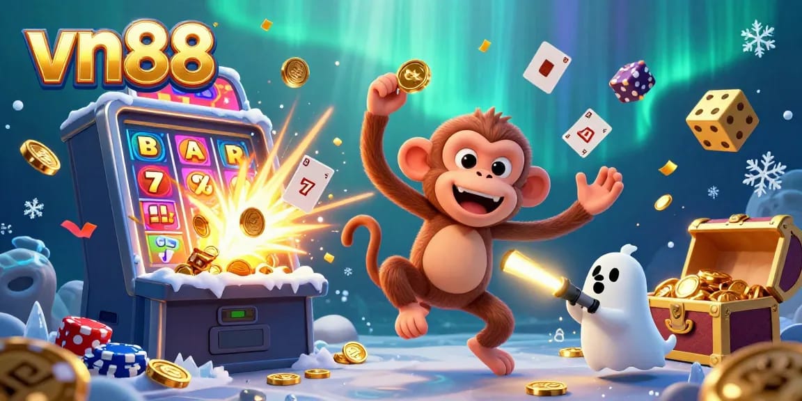 Exciting vn88 casino scene with a playful monkey and ghost-hunter puppy amidst a jackpot explosion.