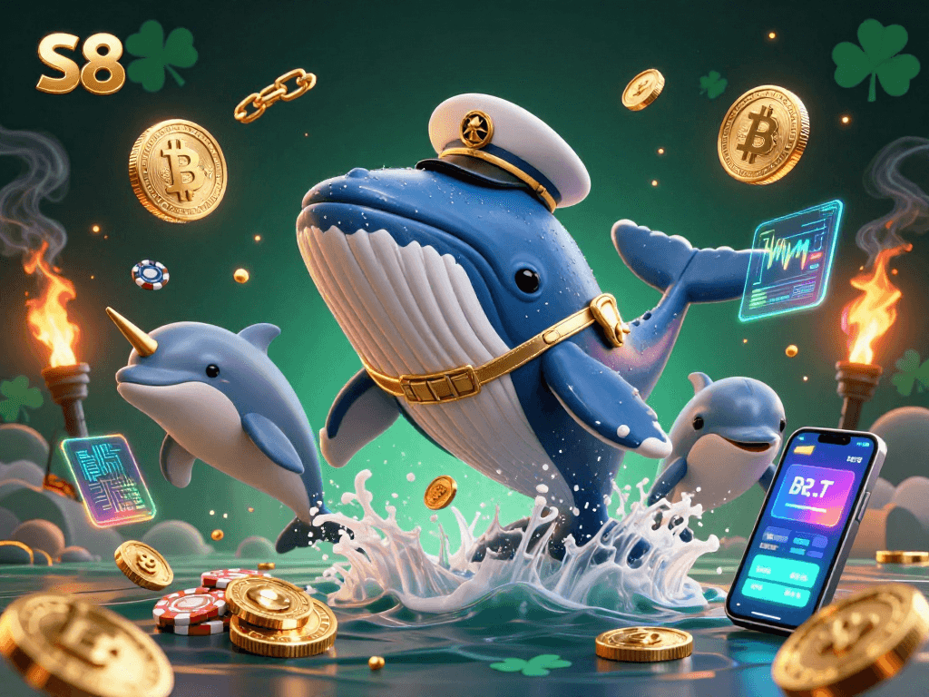 Experience the vibrant world of S8, where a whale leads a dynamic sea of casino gaming action.