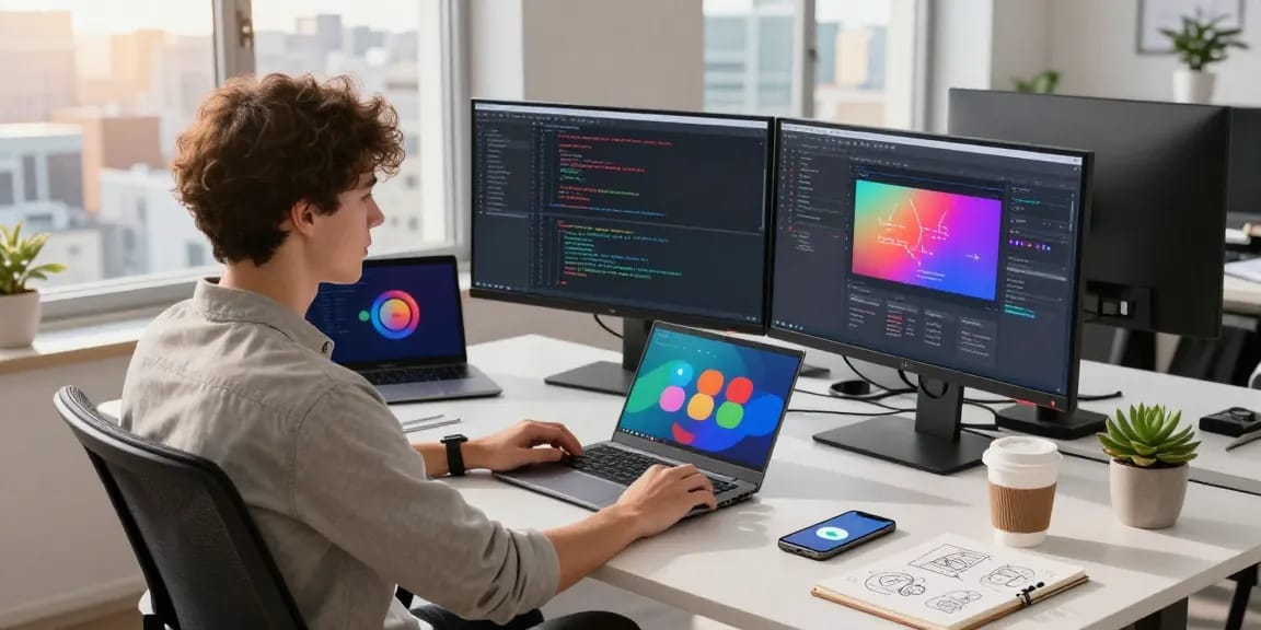 Developer in a tech workspace with code on screens and Telegram open, highlighting teiegramin.com.