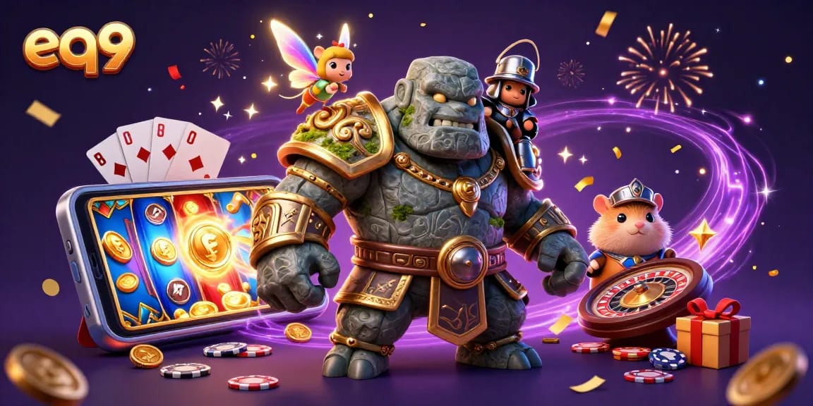 Experience thrilling gameplay at eq9 with an enchanting scene featuring a magical golem and vibrant gaming elements.